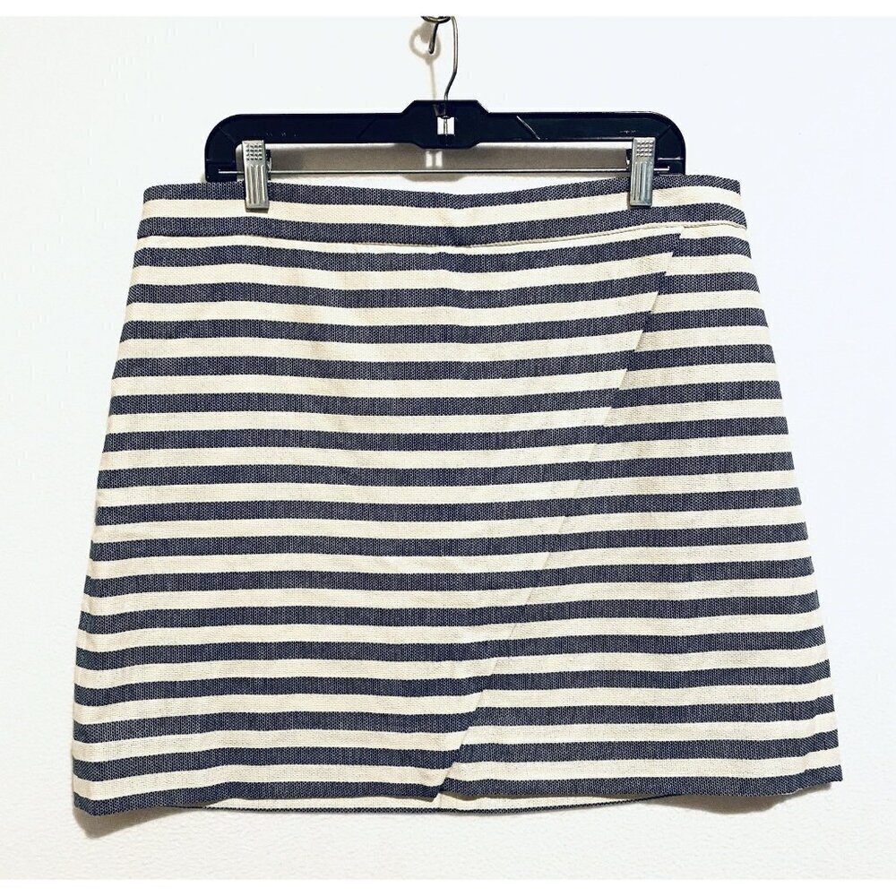 J Crew Skirt Womens 14 Navy Blue Ivory Stripped Faux Wrap Mini Nautical Preppy
